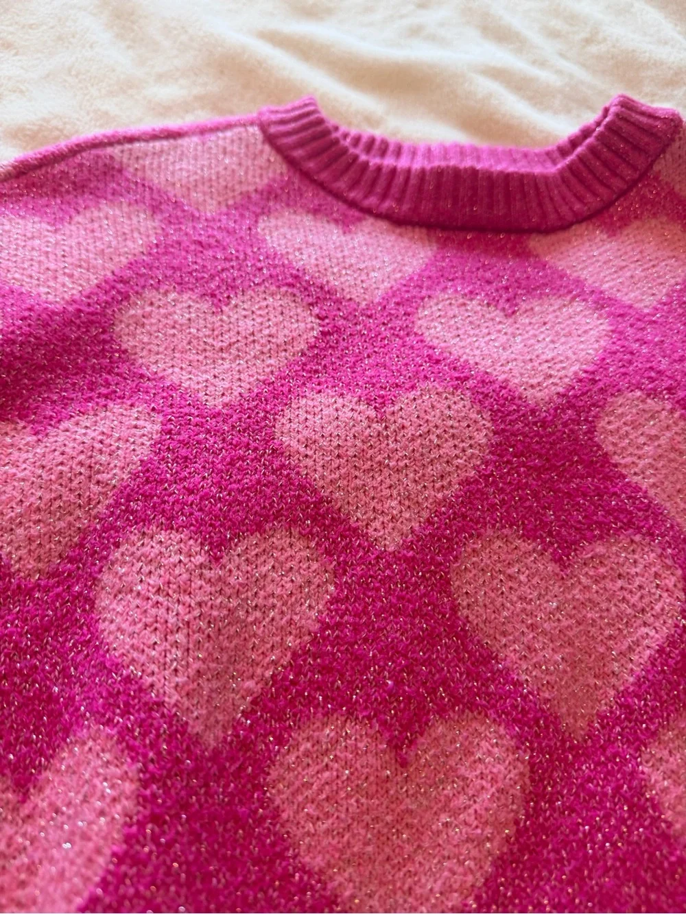 Old Navy Hot Pink and Light Pink Heart-Pattern Crewneck Sweater